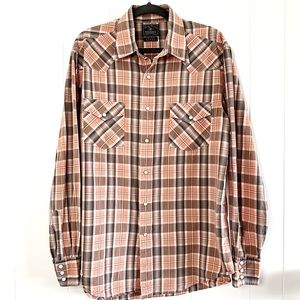 Lucky Brand Indigo Plaid Western Snap Button Shirt L Orange Brown